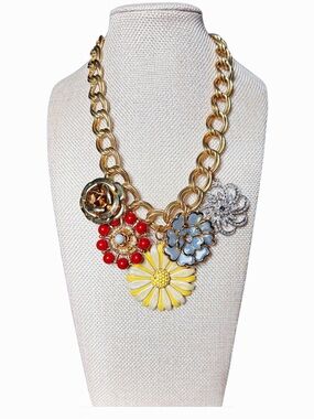 RJ Graziano Gold Floral Cluster Statement Necklace with Yellow, Red & Blue